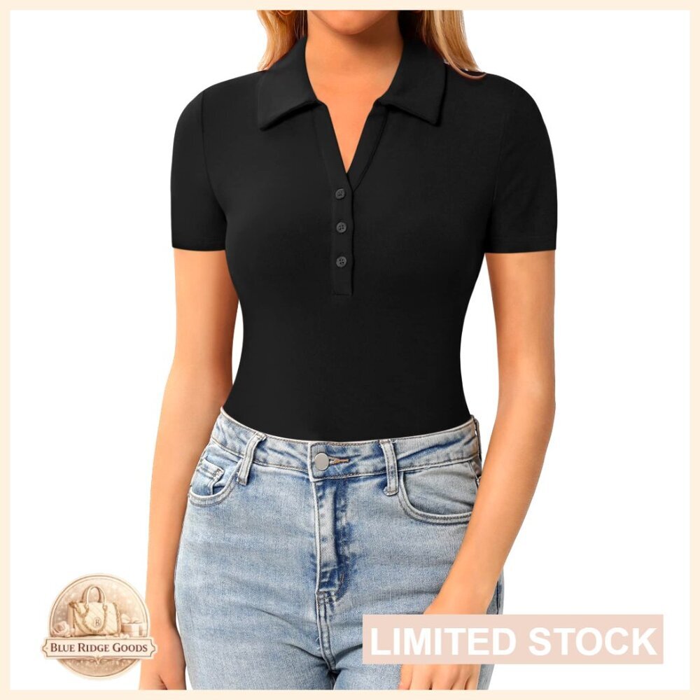 V-Neck Button Down Collared Fitted Shirt Slim Fit Short Sleeve Blouse